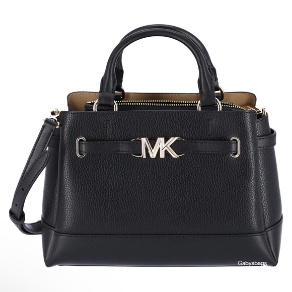 Michael Kors Reed Small Center Zip Logo Belted Satchel Crossbody Black Leather - Picture 2 of 5